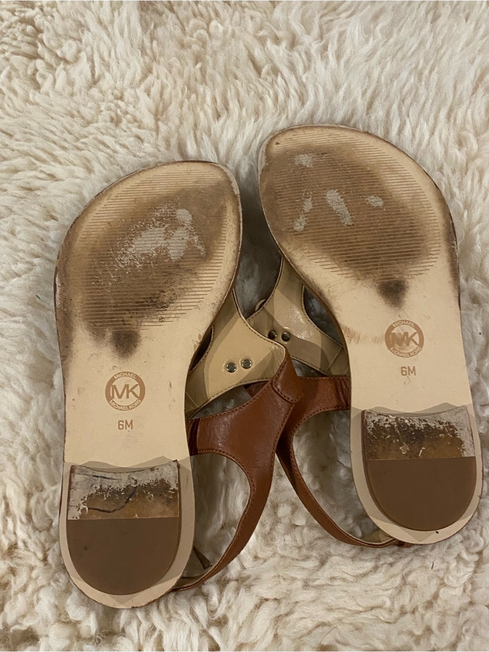 Michael Kors Cognac Leather T-Strap Sandals with Gold MK Charms - Picture 9 of 9